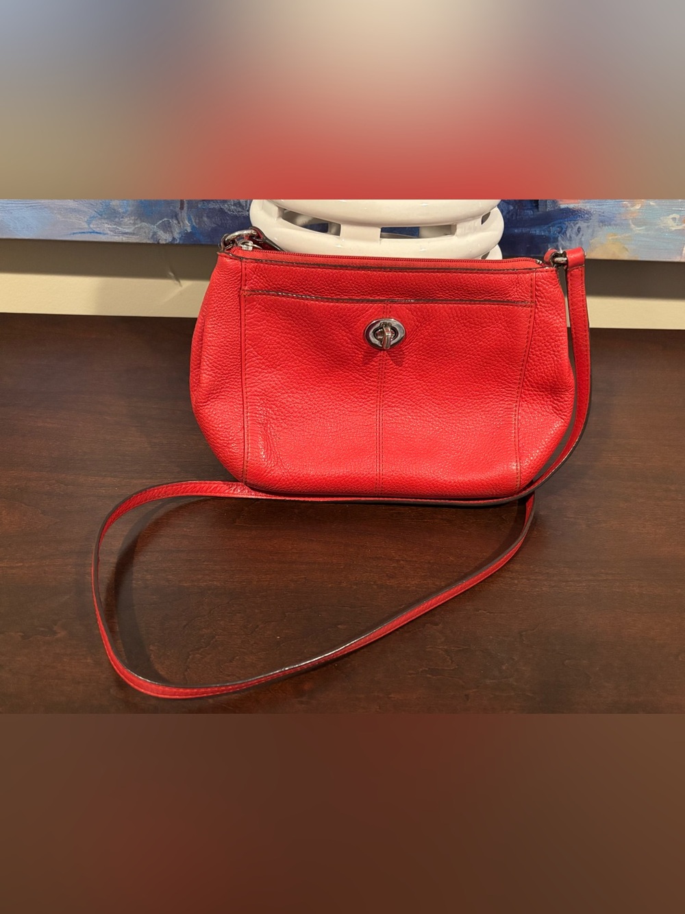 Vintage Coach Red Pebbled Leather Turnlock Crossbody Bag